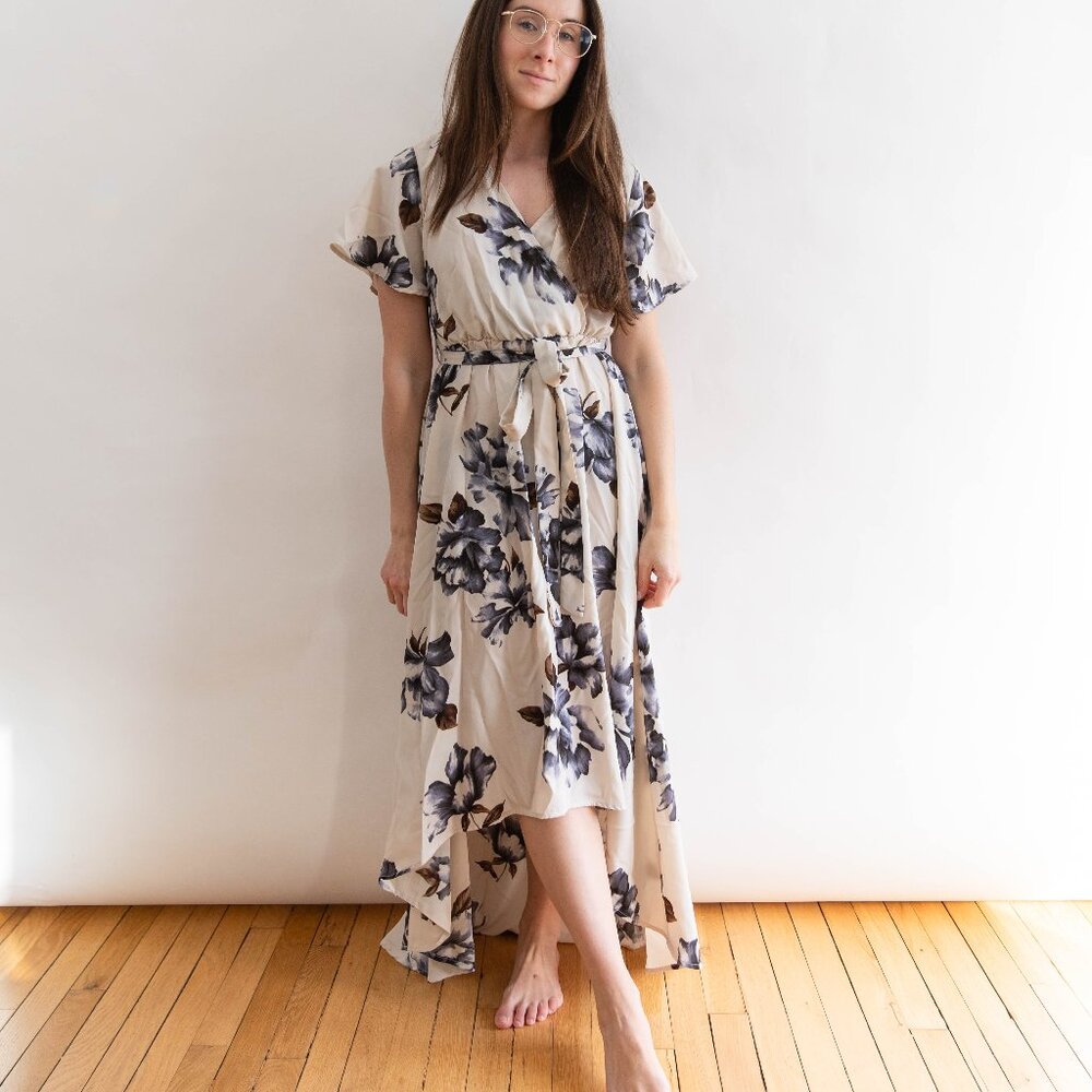 Gray Wrap Dress, Blue Floral Print with Tie Belt Triatria